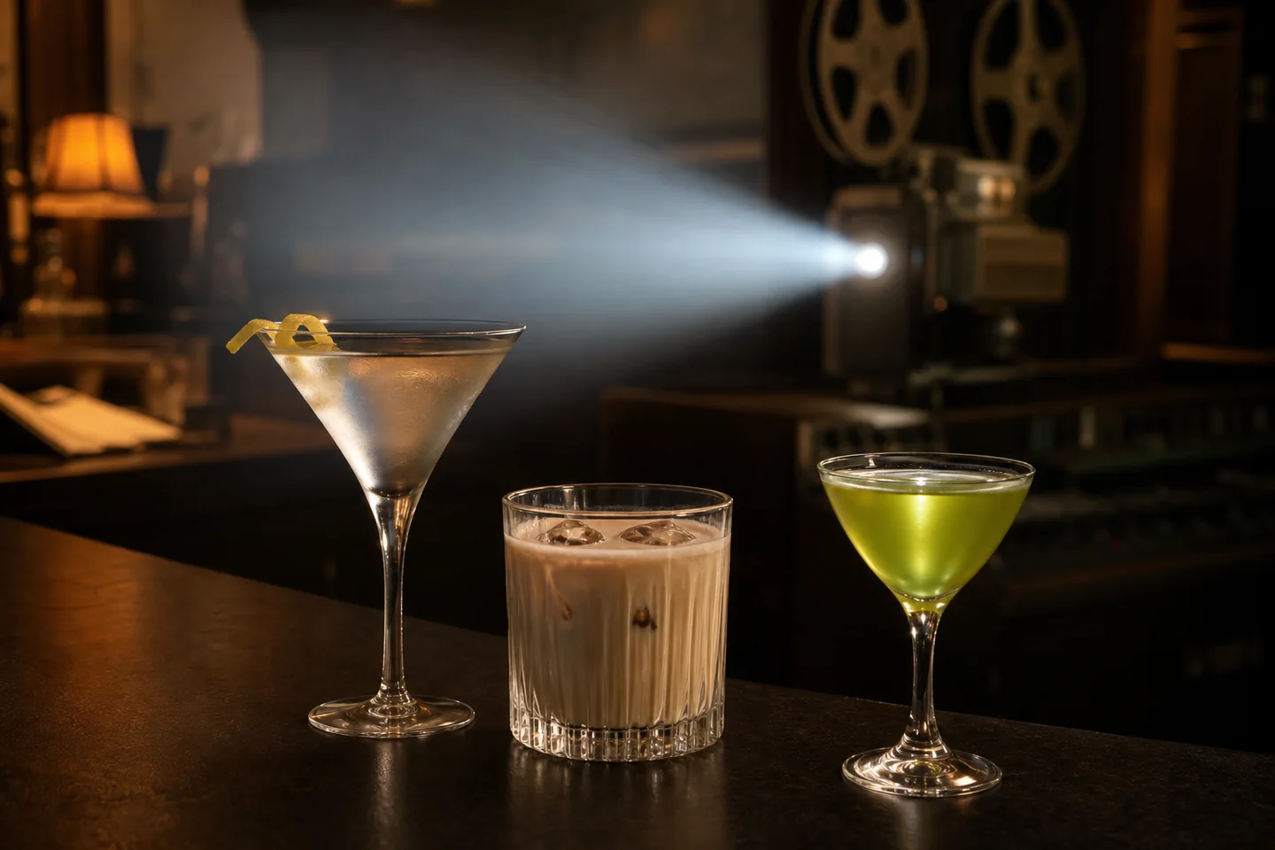 Vesper, White Russian e Appletini sobre um balcão com projetor de cinema ao fundo